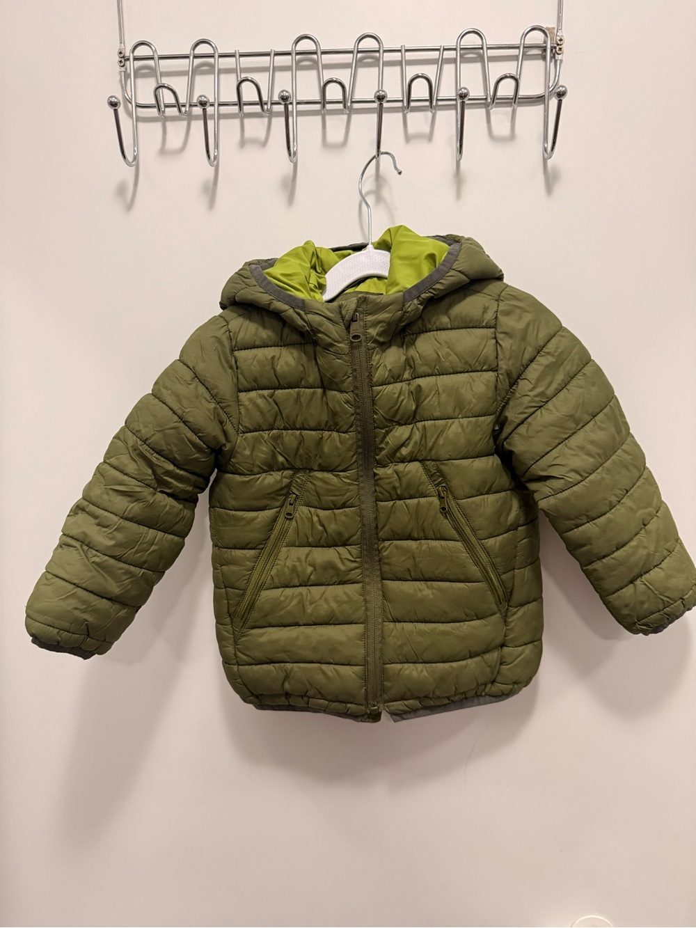 Zara Kids Olive Green Hooded Puffer Jacket with Lime Lining